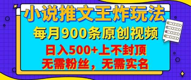 小说推文王炸玩法，一键代发，每月最多领900条原创视频，播放量收益日入5张，无需粉丝，无需实名【揭秘】-62创业网