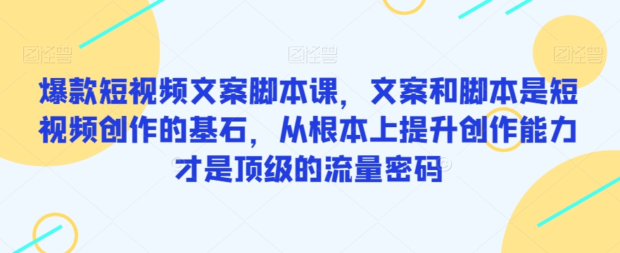 爆款短视频文案脚本课，文案和脚本是短视频创作的基石，从根本上提升创作能力才是顶级的流量密码-62创业网