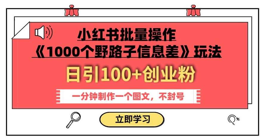 小红书批量操作《1000个野路子信息差》玩法，一分钟制作一个图文，不封号，日引100+创业粉-62创业网