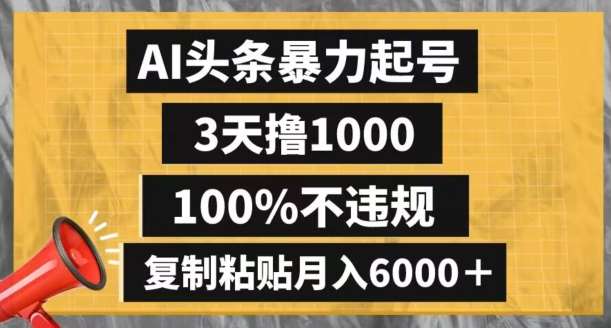 AI头条暴力起号，3天撸1000,100%不违规，复制粘贴月入6000＋【揭秘】-62创业网